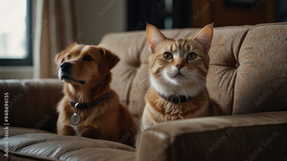 Detailed shot of a cat and dog sitting on a sofa, taken with Canon EOS R5, showcasing ultra-realistic textures Detailed shot of a cat and dog sitting on a sofa, taken with Canon EOS R5, showcasing ultra-realistic textures