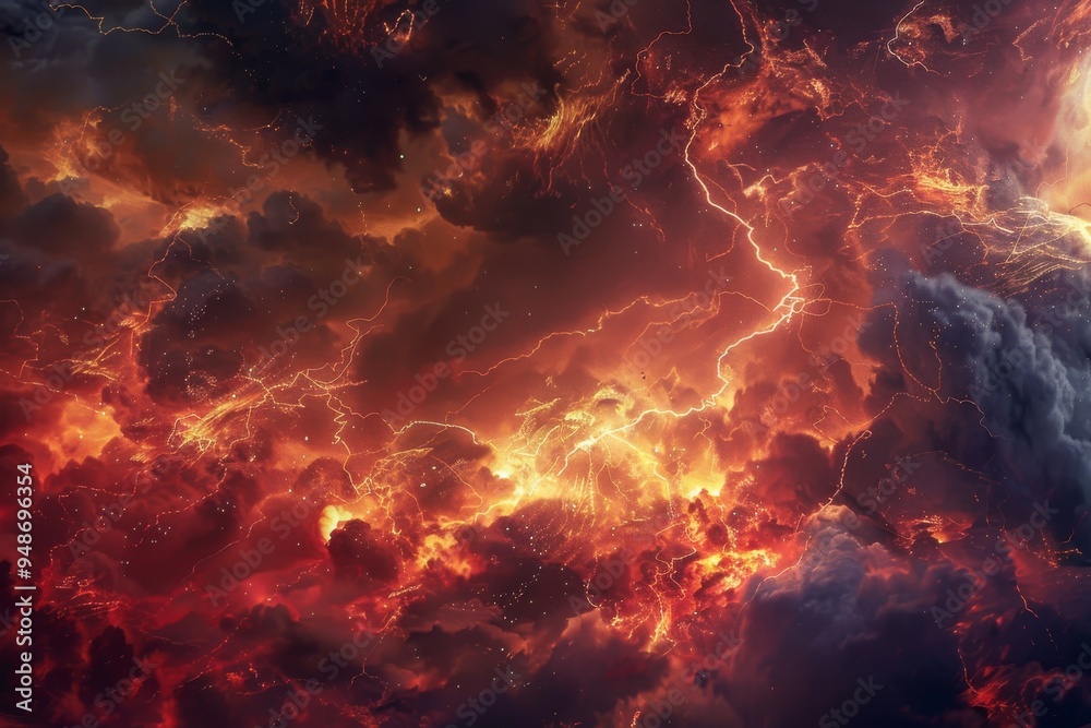 A striking lightning storm dominates the sky, with swirling clouds and vivid flashes of lightning creating a dramatic scene, Intense energy crackling in the atmosphere, AI generated A striking lightning storm dominates the sky, with swirling clouds and vivid flashes of lightning creating a dramatic scene, Intense energy crackling in the atmosphere, AI generated
