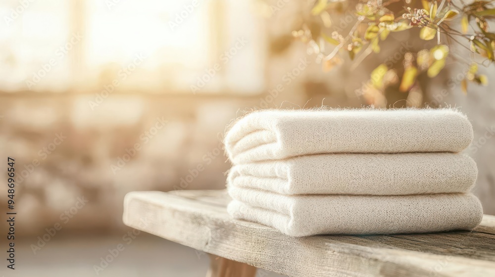 Soft, stacked towels on a wooden table bathed in warm sunlight, creating a tranquil and cozy atmosphere. Soft, stacked towels on a wooden table bathed in warm sunlight, creating a tranquil and cozy atmosphere.