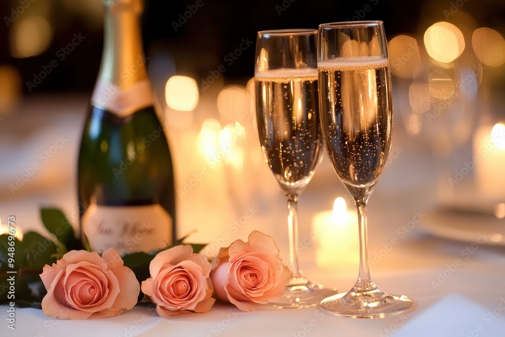 Champagne bottle and roses elegantly arranged on a table, creating a romantic and celebratory ambiance with generative ai