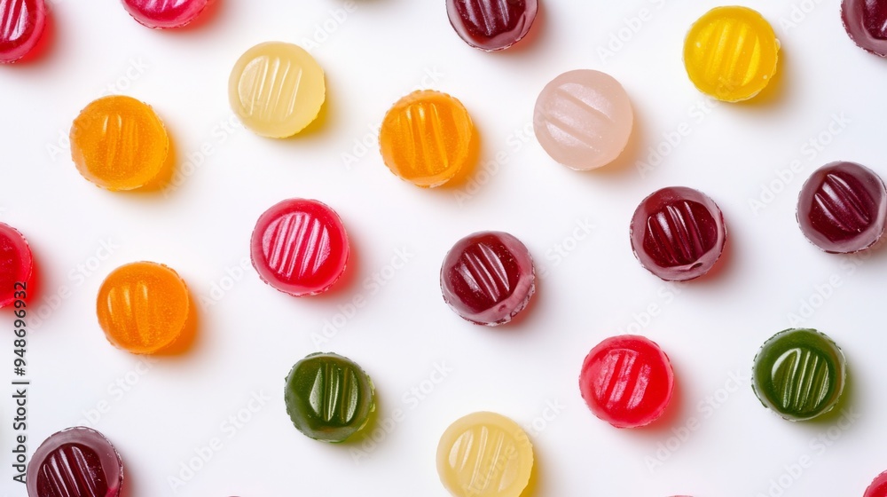A vibrant image of multiple hard candies in various flavors and colors, arranged in a pattern or grid on a white background to create a visually appealing effect. A vibrant image of multiple hard candies in various flavors and colors, arranged in a pattern or grid on a white background to create a visually appealing effect.