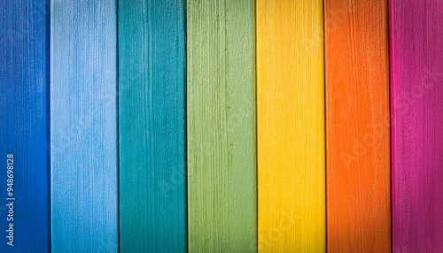 Rainbow-painted wooden planks, colorful and textured background