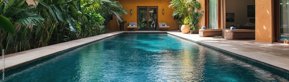 Fototapeta premium Luxurious tropical villa with a private swimming pool surrounded by lush greenery, perfect for a relaxing getaway.