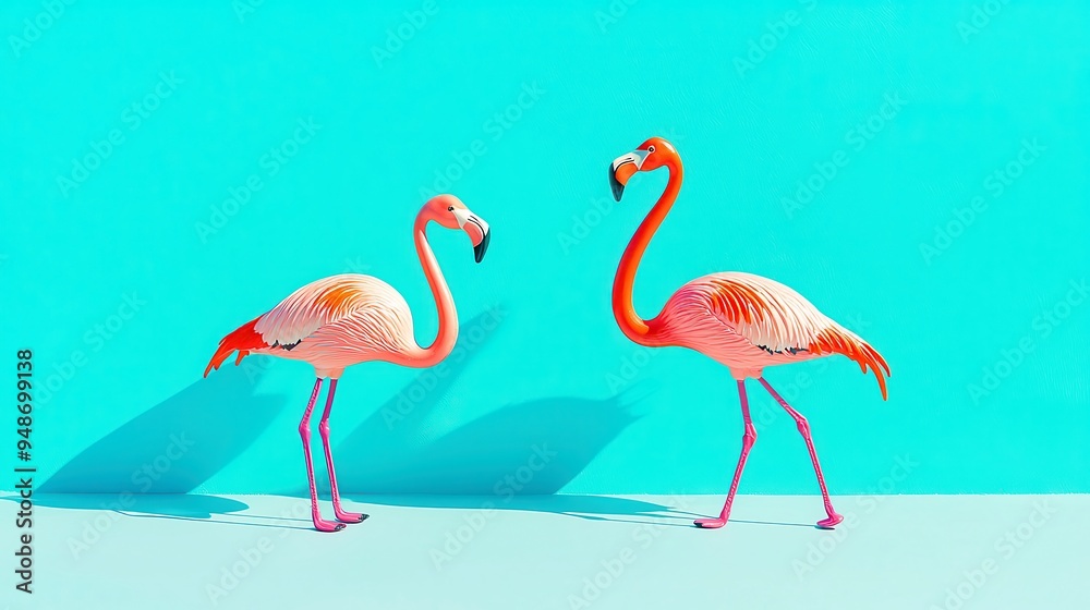 Obraz premium Flamingo Playtime, Two vibrant flamingo toys, one standing and one running, basking in the warm sun, set against a cheerful blue backdrop, perfect for playful creativity.