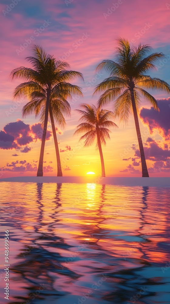 Obraz premium Breathtaking Tropical Sunset Over Secluded Island Paradise with Reflective Azure Waters and Swaying Palm Trees