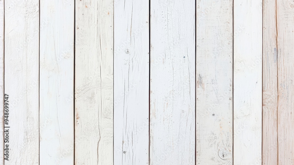 Fototapeta premium White Wood Plank Grunge, a seamless texture showcasing scratched white paint on rustic wood, perfect for backgrounds or design elements, conveying a weathered yet clean aesthetic.
