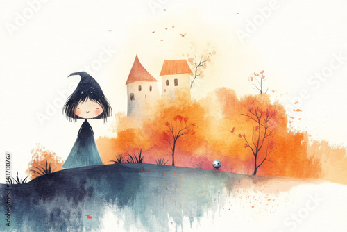 Petite sorcière debout près d'un château entouré de paysages d'automne avec des arbres aux feuilles orange. Illustration aquarelle.