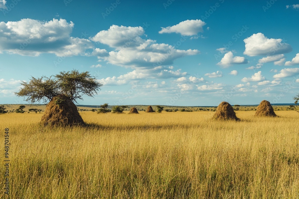 Fototapeta premium Serene African Landscape with Termite Mounds and Blue Sky