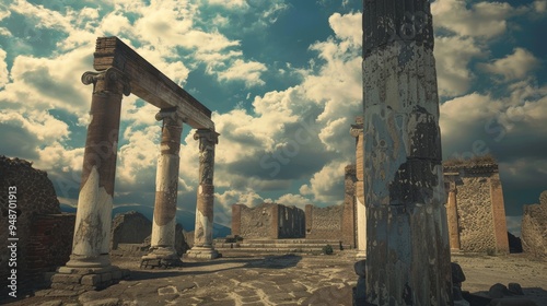 Ancient Roman ruins with a blue sky and fluffy clouds.