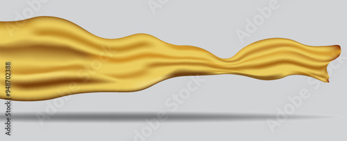 Flying gold silk textile fabric flag background. Smooth elegant golden Satin Isolated on gray Background for grand opening ceremony. Yellow curtain. 3d vector illustration.