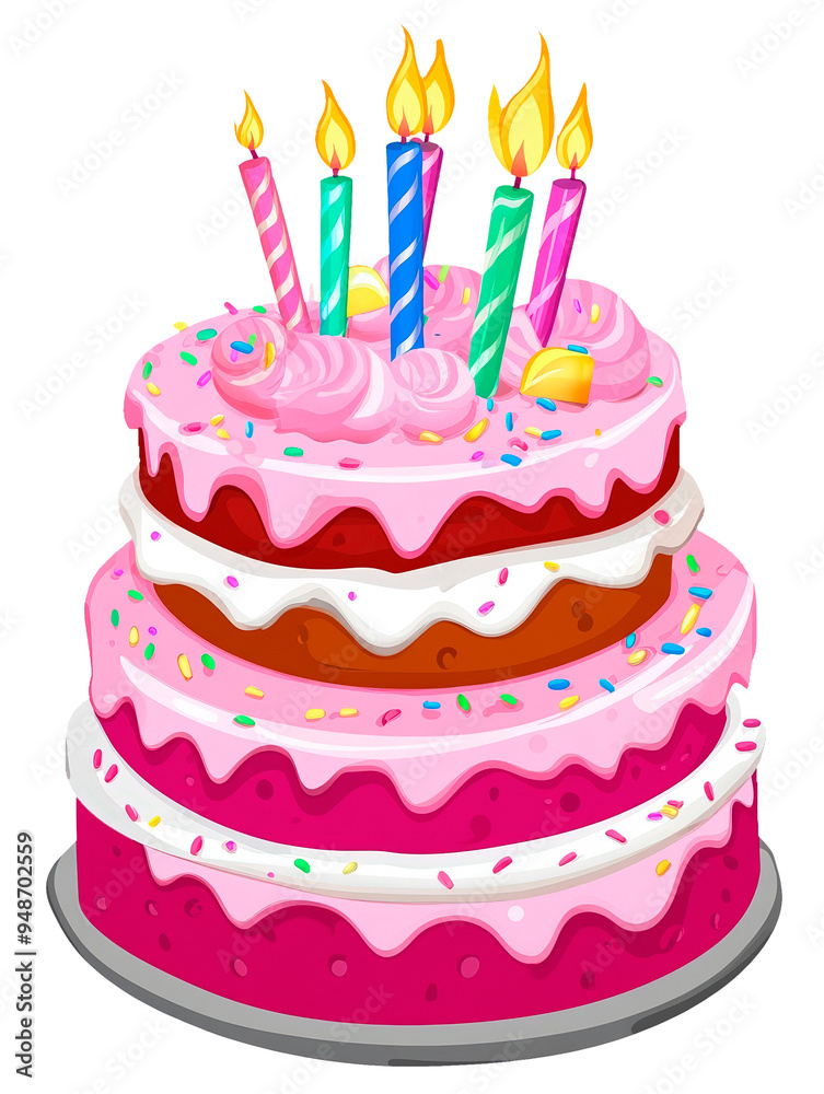 Illustration of a Pink Birthday Cake with Lit Candles, Isolated on a Blank Background. Illustration of a Pink Birthday Cake with Lit Candles, Isolated on a Blank Background.