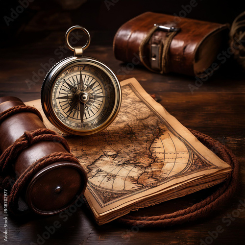 Old Maps and Compass- A dark, textured table with antique maps, a compass, and an old leathe photo