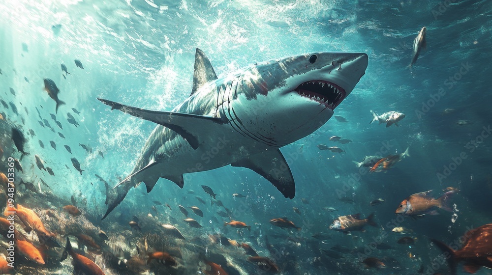 Fototapeta premium A wide-angle view of a shark hunting in its natural habitat, with schools of smaller fish scattered around and the shark in mid-action.