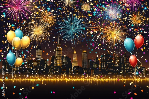 A vibrant city skyline at night adorned with colorful fireworks and balloons. An atmosphere of festivity and excitement.