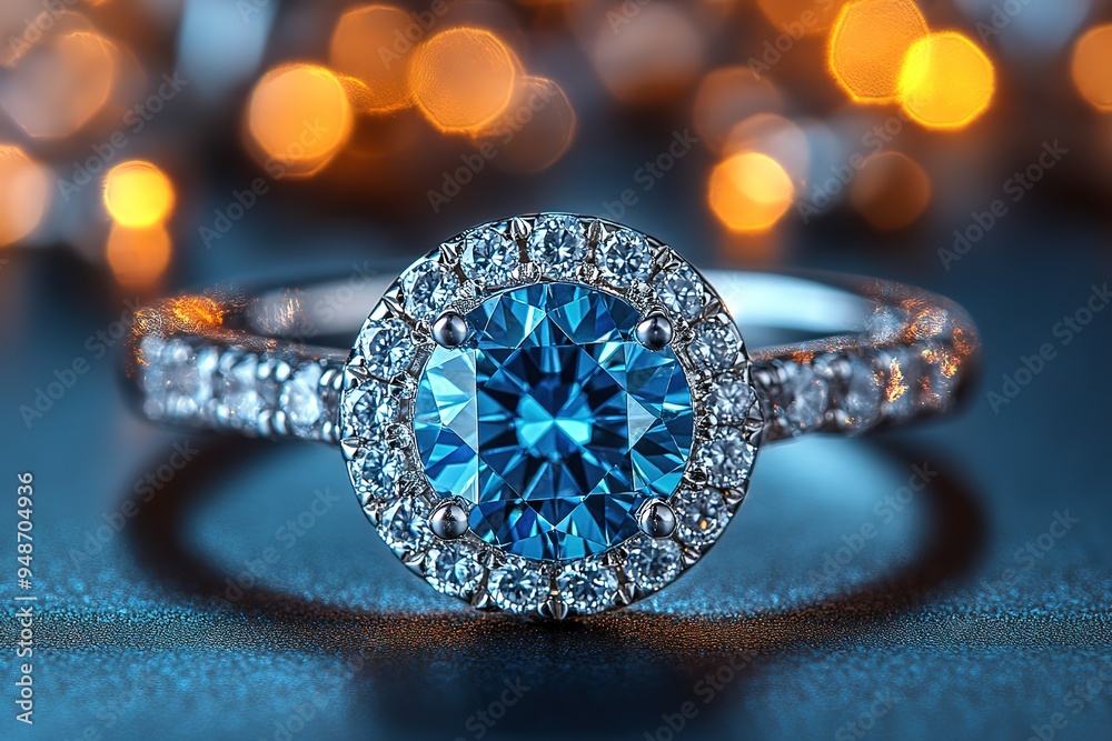 A blue diamond ring with a halo of diamonds A blue diamond ring with a halo of diamonds