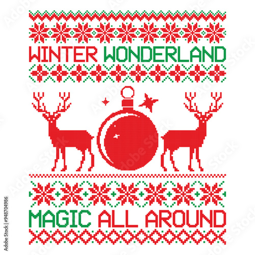 Winter Wonderland Magic All Around - Ugly Christmas Sweater T-shirt SVG Design, Calligraphy Style, EPS, SVG Cutting Files for DIY Projects, Perfect for Bags, Cups, Cards, EPS 10 Included