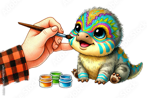 chubby baby Parasaurolophus getting its face painted with a colorful design.