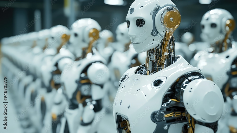 Fototapeta premium AI-driven robots working alongside humans in a high-tech manufacturing environment