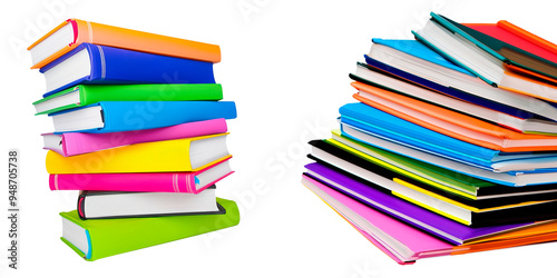 Stacks of colorful books isolated on a blank background.