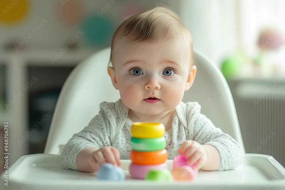 A curious baby seated in a high chair playing with colorful stacking rings, showcasing innocence and exploration in a bright room. A curious baby seated in a high chair playing with colorful stacking rings, showcasing innocence and exploration in a bright room.
