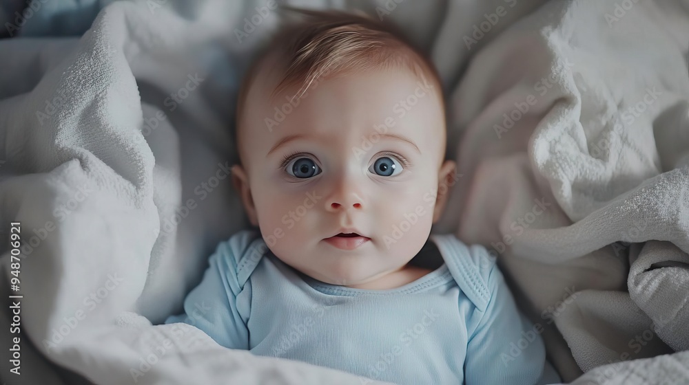 A curious baby with big eyes surrounded by soft blankets, capturing innocence and wonder in a cozy environment. A curious baby with big eyes surrounded by soft blankets, capturing innocence and wonder in a cozy environment.