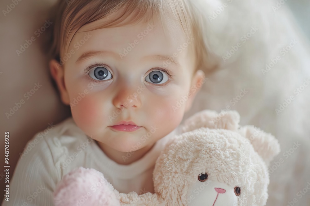 A cute baby with big blue eyes cuddling a soft teddy bear, creating a heartwarming and adorable moment. A cute baby with big blue eyes cuddling a soft teddy bear, creating a heartwarming and adorable moment.