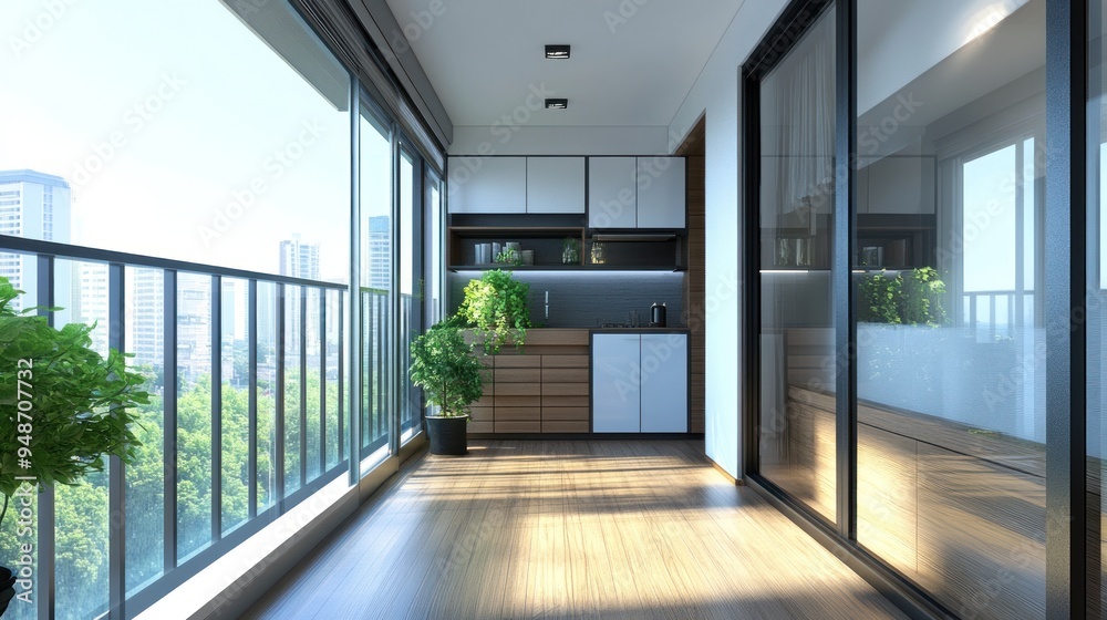 Modern balcony with glass doors, wooden floor, potted plants, and city view. Modern balcony with glass doors, wooden floor, potted plants, and city view.