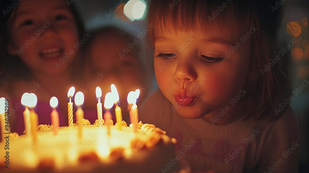 A joyful child blowing out birthday candles, surrounded by friends, capturing a magical moment of celebration and happiness. A joyful child blowing out birthday candles, surrounded by friends, capturing a magical moment of celebration and happiness.