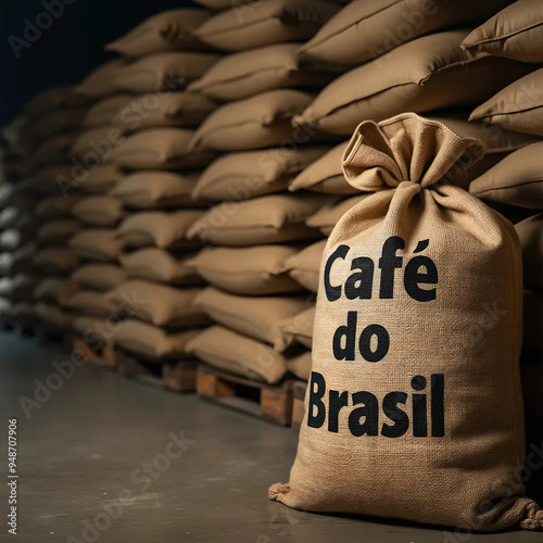 Saca de café com várias sacas empilhadas ao fundo. Sacas de café. Café do Brasil escrito na saca. Café. Café do Brasil. Saca de café em pé. Estoque de sacas de café. Café armazenado em galpão. photo