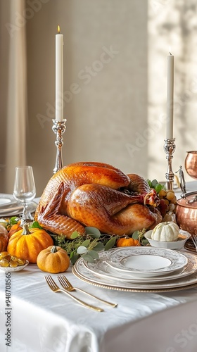 Elegant Thanksgiving Dinner Table with Roasted Turkey Autumn Decor and Warm Lighting