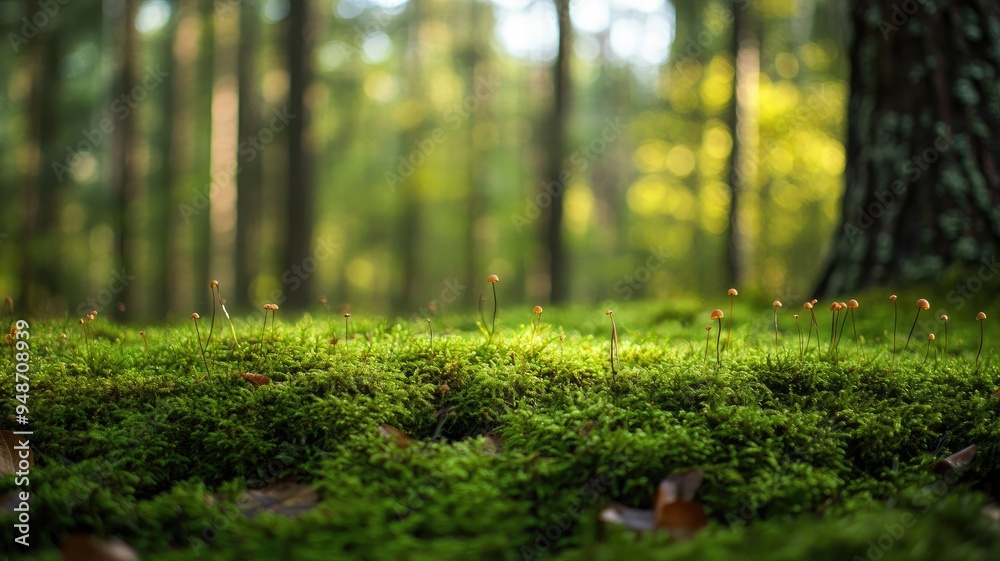 Tiny fungi sprouting from a vibrant, moss-covered forest floor, bathed in soft, filtered light Tiny fungi sprouting from a vibrant, moss-covered forest floor, bathed in soft, filtered light