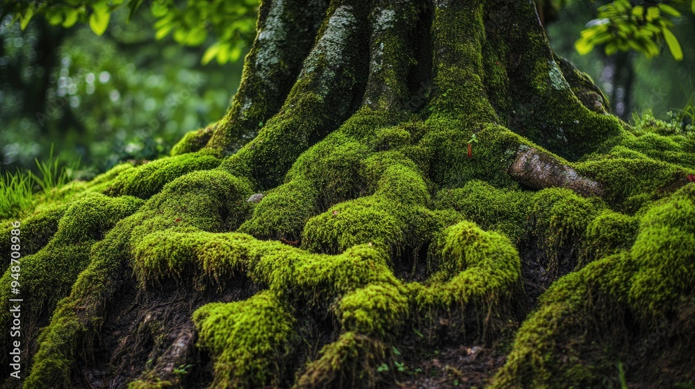  Dense, vibrant moss covering the intricate root system of a tree, creating a lush, green forest floor scene.