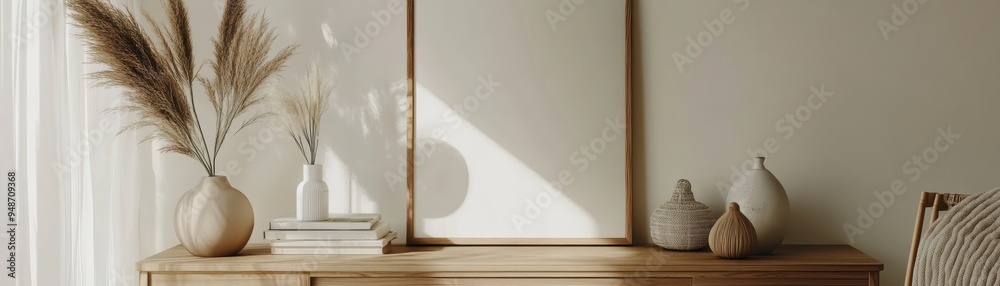 Minimalistic home interior with wooden furniture, dried flowers, and ceramic vases in natural light, creating a peaceful and stylish ambiance. Minimalistic home interior with wooden furniture, dried flowers, and ceramic vases in natural light, creating a peaceful and stylish ambiance.