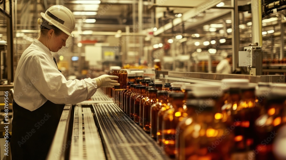 Factory Worker Inspecting Bottles on a Conveyor Belt Factory Worker Inspecting Bottles on a Conveyor Belt