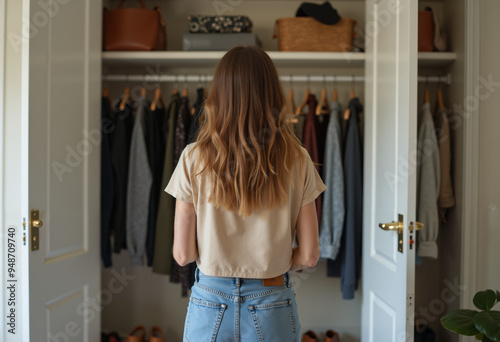 A woman chooses an outfit for the day