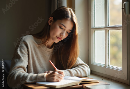 A woman makes an entry in her diary