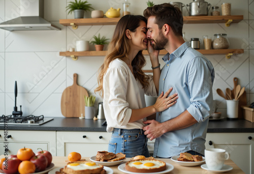 Morning kiss of a young couple in the kitchen
