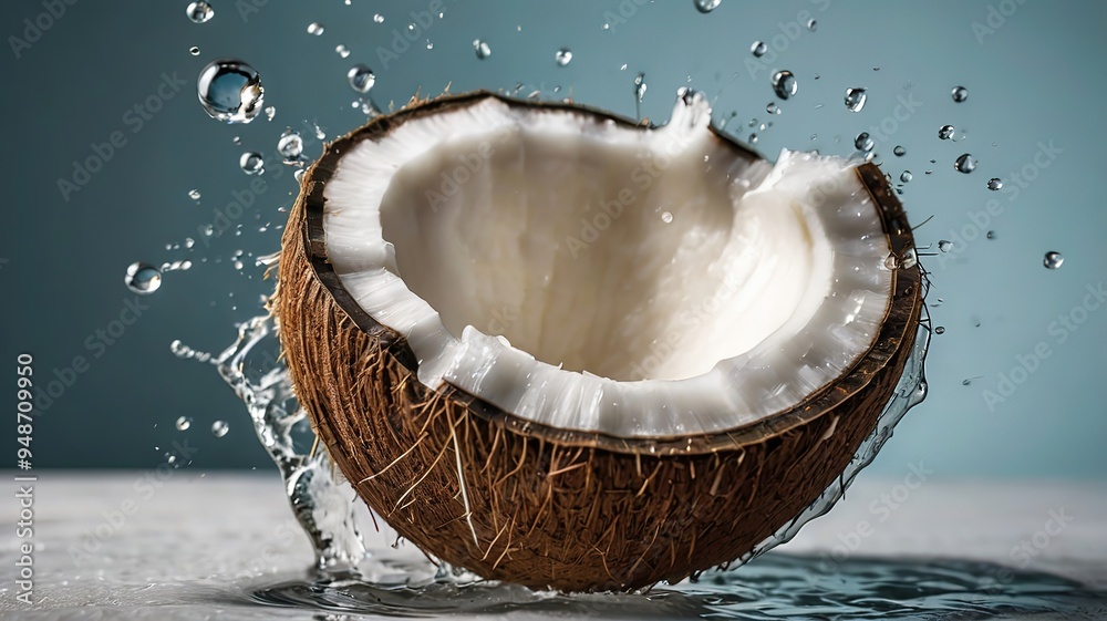Dynamic explosion of coconut pieces with splashes of water captured in a close-up setting Dynamic explosion of coconut pieces with splashes of water captured in a close-up setting