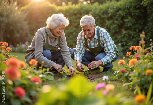 An elderly couple takes care of the garden