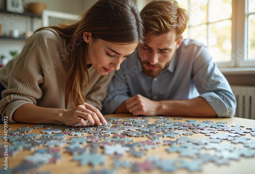 The couple is putting a puzzle