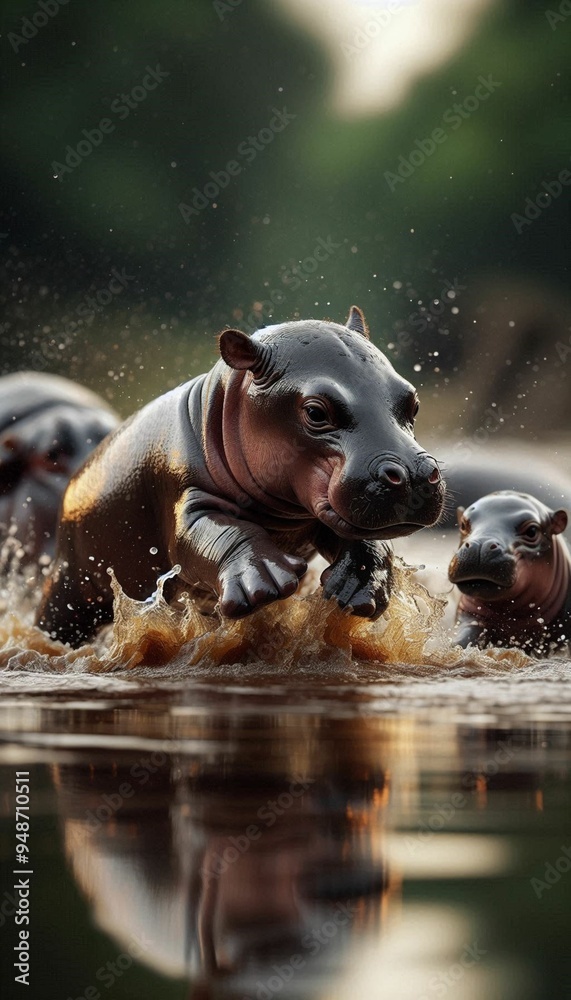 Young Hippo Playing in River with Shiny Wet Skin Young Hippo Playing in River with Shiny Wet Skin