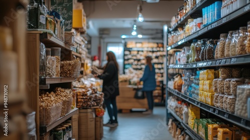 Shelves full of packaged goods in a grocery store. The photo is perfect for illustrating a story about shopping  food  or retail.