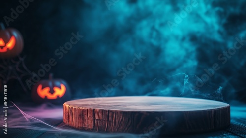 Wooden podium in front of a spooky Halloween party scene with cobwebs, eerie lighting photo