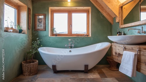 A modern bathroom with a freestanding tub, wooden beams, and a large window overlooking a snowy landscape.