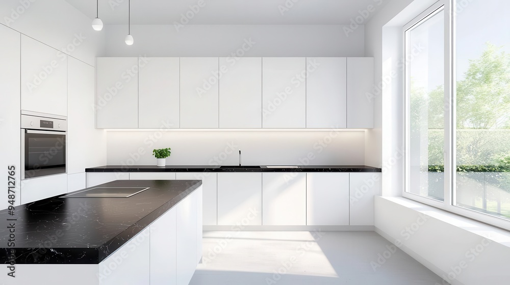 Sleek white kitchen with black marble countertops, minimalist design, soft natural lighting, clean lines, modern appliances, empty workspace, Minimalist kitchen, Modern simplicity Sleek white kitchen with black marble countertops, minimalist design, soft natural lighting, clean lines, modern appliances, empty workspace, Minimalist kitchen, Modern simplicity