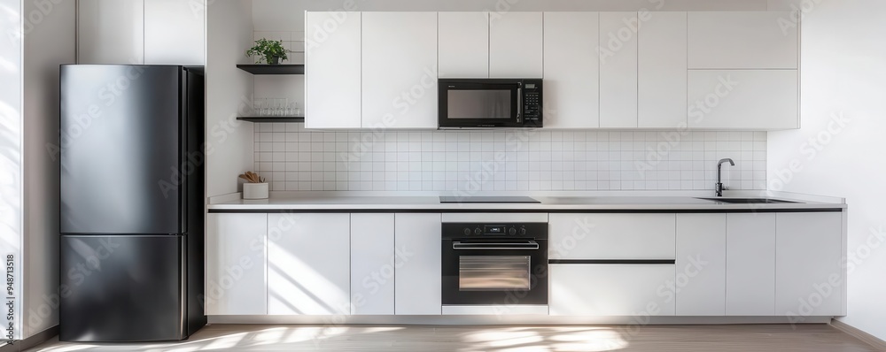 Fototapeta premium Modern kitchen with sleek appliances, clean lines, and ample natural light, perfect for any culinary adventure.