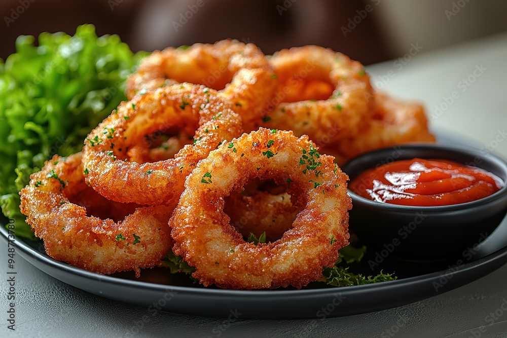 A plate of fried onion rings with a side of lettuce and ketchup A plate of fried onion rings with a side of lettuce and ketchup