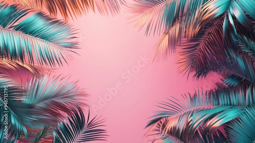 Tropical palm leaves frame pink background. Perfect for creating summery designs, invitations, and social media posts.