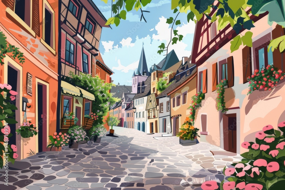 An artistic representation of a village street, showcasing traditional houses and vibrant nature, reflecting serene village life, 