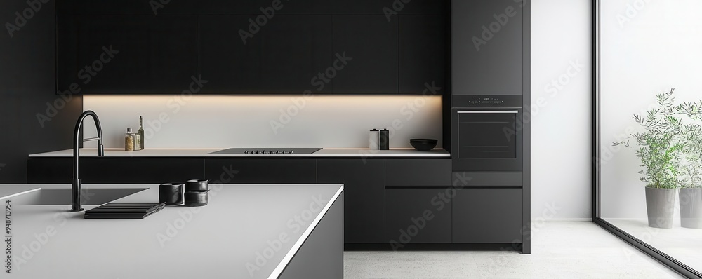 Black minimalist kitchen with white countertops, modern design, soft natural light, minimalist decor, Minimalist kitchen, Elegant simplicity